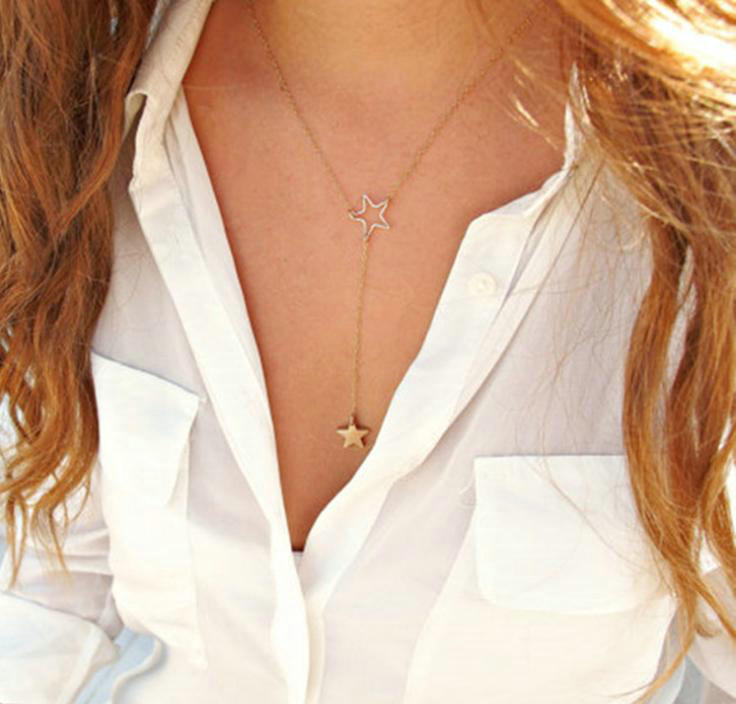 Unique Simple Women Gold-plated Metal Hollow Stars Pendant Necklace Clavicle Chain