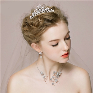 Vintage Wedding Bridal Jewelry Alloy Butterfly Pearl Rhinestone Crystal Tiaras Necklace Earrings Set