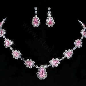 Vintage Wedding Bridal Jewelry Alloy Pink Rhinestone Water-drop Statement Necklace Earrings Set