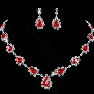 Vintage Wedding Bridal Jewelry Alloy Red Rhinestone Water-drop Statement Necklace Earrings Set