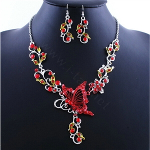 Vintage Wedding Bridal Jewelry Red Rhinestone Butterfly Floral Gold Plated Chain Necklace Earrings Set