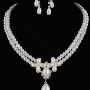 Vintage Wedding Bridal Jewelry Rhinestone Flower Two Layers Pearl Tassel Necklace Earrings Set
