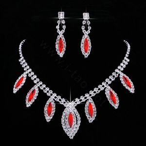 Vintage Wedding Bridal Jewelry Sapphire Red Rhinestone Diamond Bib Necklace Earrings Set