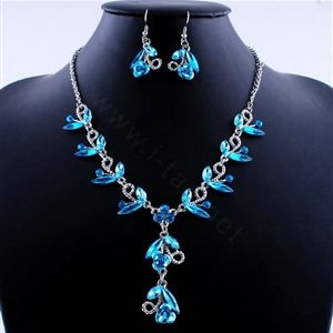 Vintage Wedding Bridal Party Jewelry Alloy Blue Rhinestone Flower vine Pendant Necklace Earrings Set