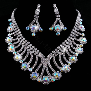 Vintage Wedding Bridal Party Jewelry Alloy Flower Multilayer AB Rhinestone Bib Necklace Earrings Set