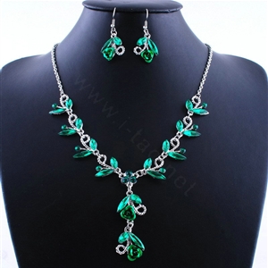 Vintage Wedding Bridal Party Jewelry Alloy Green Rhinestone Flower vine Pendant Necklace Earrings Set