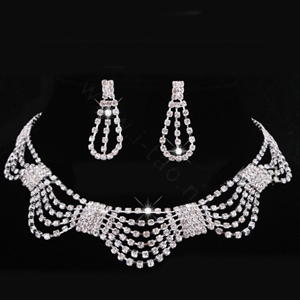 Vintage Wedding Bridal Party Jewelry Alloy Multilayer Rhinestone Bib Necklace Earrings Set