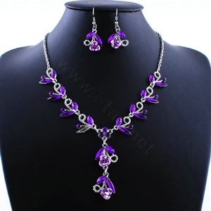 Vintage Wedding Bridal Party Jewelry Alloy Purple Rhinestone Flower vine Pendant Necklace Earrings Set