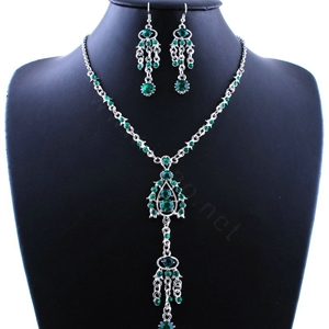 Wholesale Vintage Wedding Bridal Jewelry Alloy Tassel Flower Green Rhinestone Bib Necklace Earrings Set