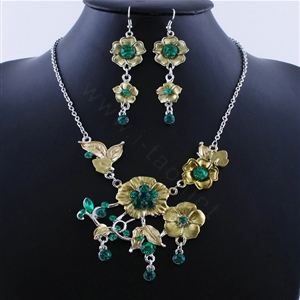 Wholesale Vintage Wedding Bridal Jewelry Alloy Tassel Flower Green Rhinestone Necklace Earrings Set