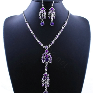 Wholesale Vintage Wedding Bridal Jewelry Alloy Tassel Flower Purple Rhinestone Bib Necklace Earrings Set