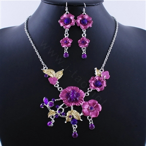 Wholesale Vintage Wedding Bridal Jewelry Alloy Tassel Flower Purple Rhinestone Necklace Earrings Set