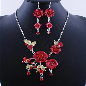 Wholesale Vintage Wedding Bridal Jewelry Alloy Tassel Flower Red Rhinestone Necklace Earrings Set