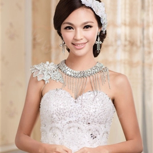 Calssic Bride Delicate Lace Flower Rhinestone Tassel Wedding Necklace Bridal Shoulder Chain Dress Jewelry