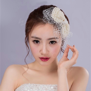 Elegant Bowknot Pearl Beads Gauze Bridal Fascinator Wedding Dress Prom Face Veils Hair Clip Accessories