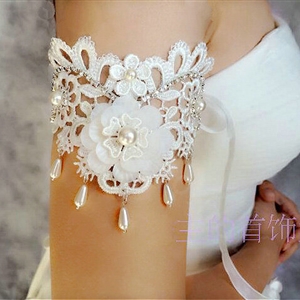 Elegant Pearl Rhinestone Lace Flower Bridal Armlet Wedding Party Perform Bracelet Arm Chain Accessories