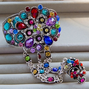 European Retro Multicolour Rhinestone Flower Bridal Bracelet Wedding Dress Crystal Bangle Chain Jewelry