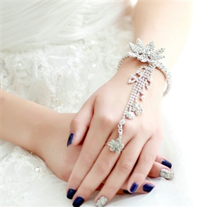 Fashion Shinning Rhinestone Flower Bracelet And Ring Tassel Chain Bridal Accessories Wedding Jewelry