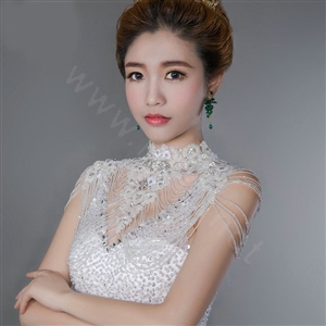 Gorgeous Bride Lace Rhinestone Wedding Shawl Crystal Beads Necklace Bridal Shoulder Chain Jewelry