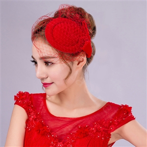 Hot sales Bowknot Red Gauze Bridal Fascinator Hair Accessories Bride Wedding Dress Prom Hat Face Veils
