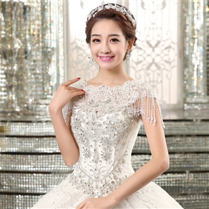 Luxurious Bride Delicate Lace Flower Wedding Shawl Crystal Bead Tassel Bridal Shoulder Chain Jewelry