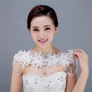 Luxurious Bride Lace Flower Wedding Shawl Pearl Crystal Bead Tassel Bridal Shoulder Chain Jewelry