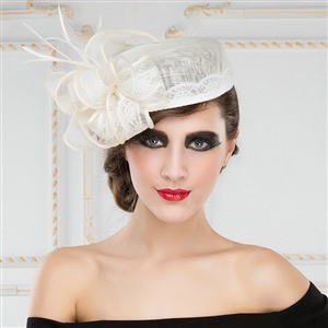 New British Aristocracy White Lace Flax Bridal Flower Feathers Fascinator Wedding Dress Prom Hats