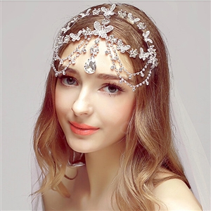 Newest Butterfly Rhinestone Pendent Tassel Frontlet Bridal Crown Wedding Hair Headpiece Accessories