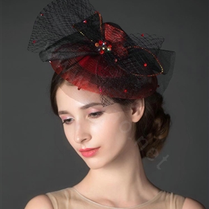 Newest Queen Red Crystal Gauze Bridal Fascinator Hair Accessories Wedding Dress Prom Hat