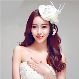 Princess Lace Flower Crystal Beads Bridal Feathers Tassel Fascinator Hat Bride Wedding Party Hair Accessory
