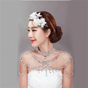 Retro Queen Heart Crystal Bridal Necklace Rhinestone Large Shoulder Body Chain Wedding Jewelry