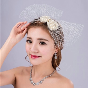 Sweety Bowknot Pearl Beads Gauze Bridal Fascinator Wedding Dress Prom Face Veils Hair Clip Accessories