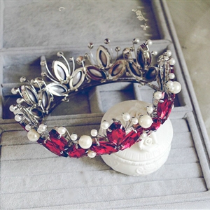 Vintage Luxurious European Style Tiaras Handmade Large Round Red Crystal Pearl Princess Bridal Hair Crown