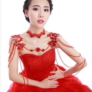 Vintage Wedding Red Lace Flower Tassel Crystal Rhinestone Bridal Necklace Chain Shoulder Strap Jewelry