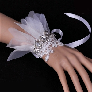 Vintage White Lace Flower Rhinestone Bridal Wristlet Wedding Dress Perform Nail Bead Gauze Bracelet Accessories