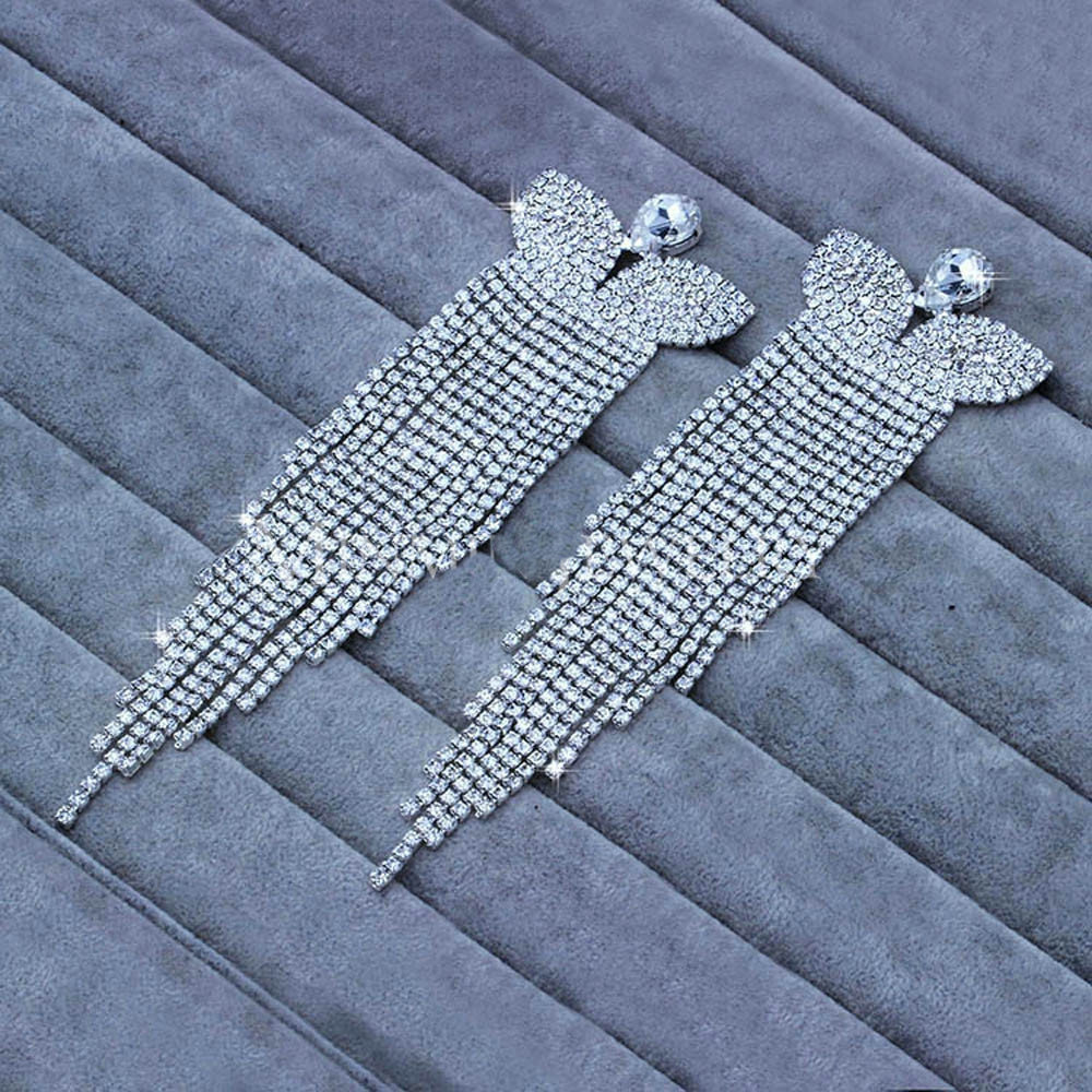 Butterfly Shape Wedding Jewelry Czech Rhinestone Crystal Bridal Long Earrings for Women Wedding Accessory Best Gift