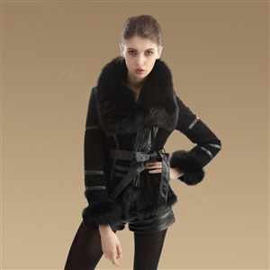 Cool Genuine Pig Leather Coat With Large Fox Fur Collar Women Winter Belt Fur Jacket - Black