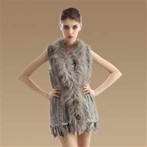 Delicate Natural Knit Rabbit Fur Vests Winter Fashion Women's Real Raccoon Fur Waistcoat - Grey