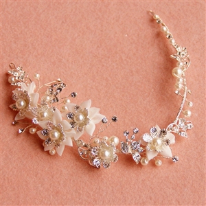 Elegant Bridal Sliver Pearl Crystal Flower Wedding Hairbands Women Frosted Hair Vine Accessories