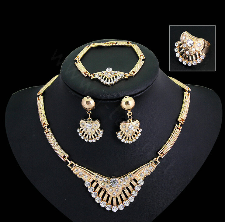 Elegant Fan-shaped Wedding Jewelry Sets Crystal Gold Plated Bridal Necklace Earrings Bracelet Ring 4pcs/set