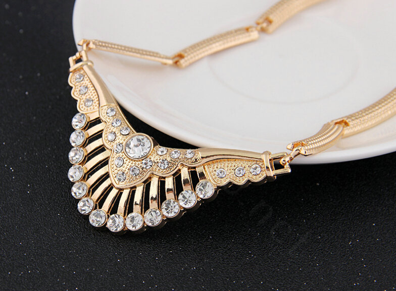 Elegant Fan-shaped Wedding Jewelry Sets Crystal Gold Plated Bridal Necklace Earrings Bracelet Ring 4pcs/set