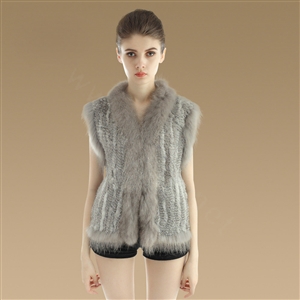 Elegant Genuine Knitted Rabbit Fur Waistcoat With Raccoon Fur Collar Women Warm Vest - Grey