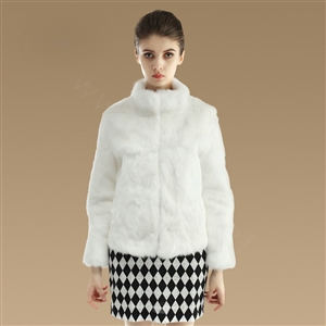 Elegant Genuine Natural Rabbit Fur Coat Women Short Winter Warm Stand Collar Fur Outwear - White
