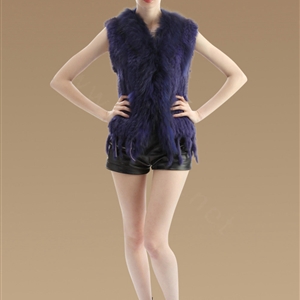 Elegant Real Rabbit Fur Vest Raccoon Fur Collar Women Knitted Winter Warm Fur Gilet -Blue