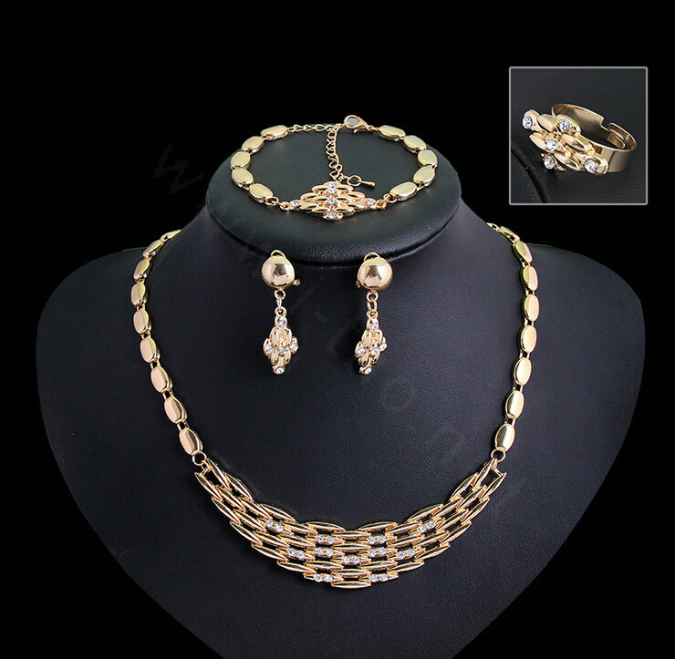 Elegant Wedding Jewelry Sets Gold Plated Bridal Party Crystal Hellow Necklace Earrings Bracelet Ring 4pcs