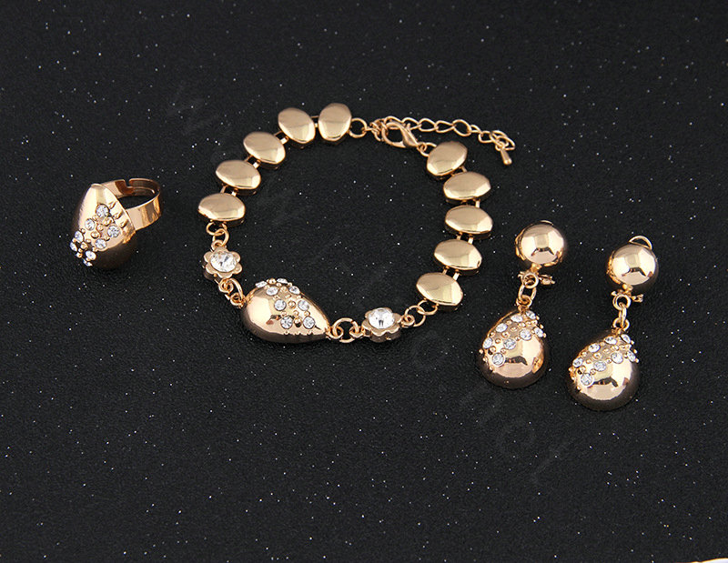 Elegant Wedding Jewelry Sets Gold Plated Bridal Party Crystal Water-drop Necklace Earrings Bracelet Ring 4pcs/set