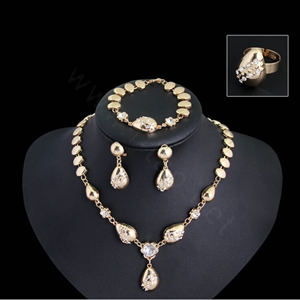 Elegant Wedding Jewelry Sets Gold Plated Bridal Party Crystal Water-drop Necklace Earrings Bracelet Ring 4pcs/set