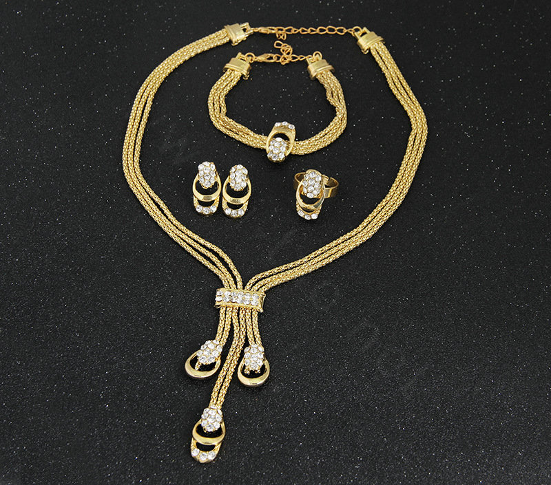 Elegant Wedding Party Jewelry Sets Crystal Gold Plated Bridal Pendant Necklace Earrings Bracelet Ring 4pcs/set