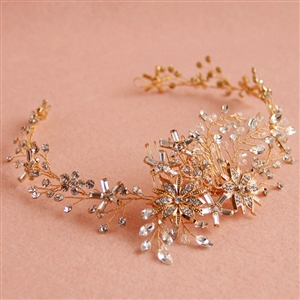 European Baroque Bridal Gold Crystal Flower leaves Wedding Headband Frosted Hair Vine Accessories