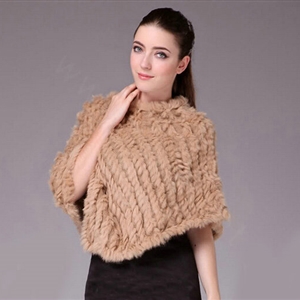 Fashion Delicate knitted Rabbit Fur Shawl Female Party Pullover Women's Triangle Fur Poncho - Camel